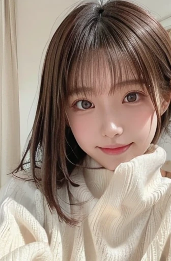 clearな女子、20 years old、smile、 Beauty、 cute girl 、  Long Sleeve 、 Stylish sweaters、beams、Autumn outfit 、 center part hair、Black hair color、 layered cut 、 straight hair 、 cute girl、 Gentle Expression 、 Japanese、Thin eyebrows、clear、Modest woman、 shy laugh 、Mana Ashida