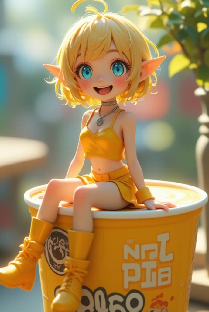 A cup noodle container with the product name printed on the side with the cover tightly closed, A small miniature elf figure sitting on the edge of the cover, PVC texture, blonde pixie cut, azure eyes, Pointy Ears, silver necklace, yellow camisole, yellow mini shorts, yellow short boots, smile, super realistic, Tilt lens photography