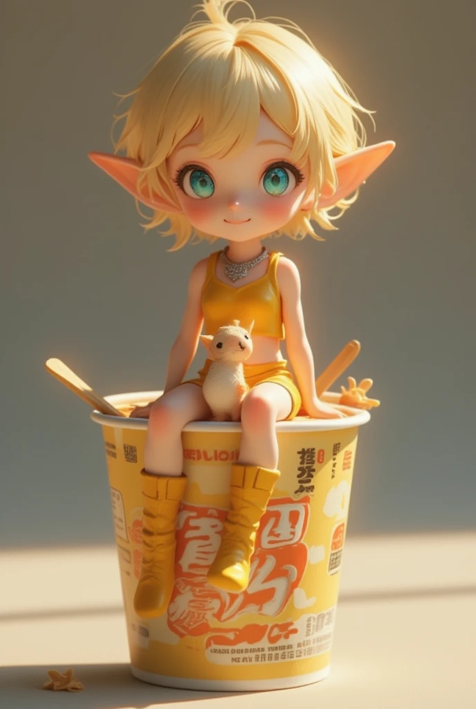 A cup noodle container with the product name printed on the side with the cover tightly closed, A small miniature elf figure sitting on the edge of the cover, PVC texture, blonde pixie cut, azure eyes, Pointy Ears, silver necklace, yellow camisole, yellow mini shorts, yellow short boots, smile, super realistic, Tilt lens photography