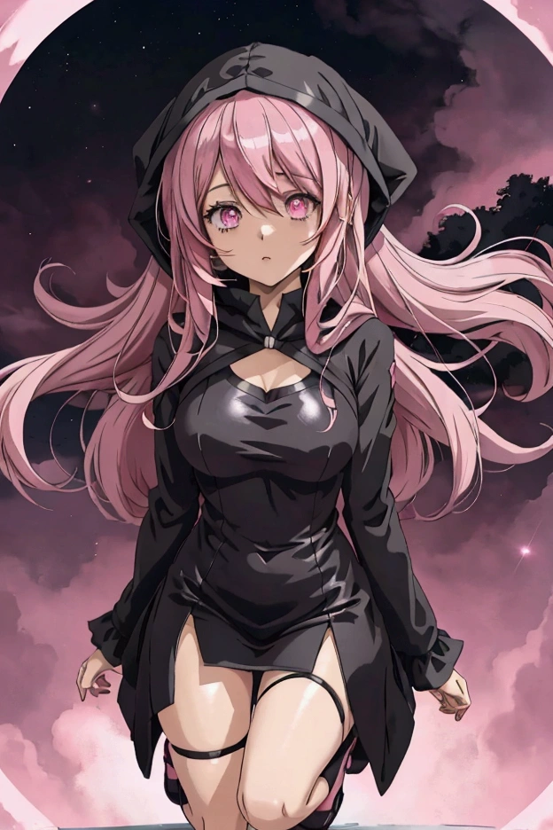 Anime girl, full body, black hood, pink long hair, pink pupils, pink tight dress with with white accents. Night sky background