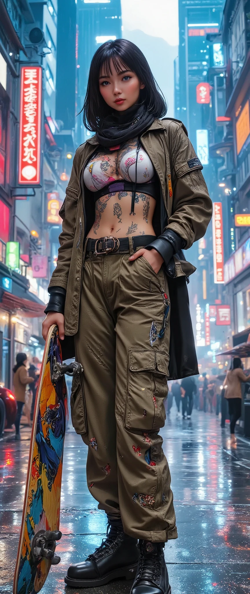  a painting of a woman with tattoos and a skateboard, Cyberpunk art by Russell Dongjun Lu ,  trend in CGSociety , street art, Cyberpunk 2077 Character Art, Cyberpunk streetwear, cyberpunk style 2 0 7 7, cyberpunk 2077 ross drawings,  a highly detailed character design , cyberpunk art style, cyberpunk style attire,  cargo pants.  cyberpunk city 