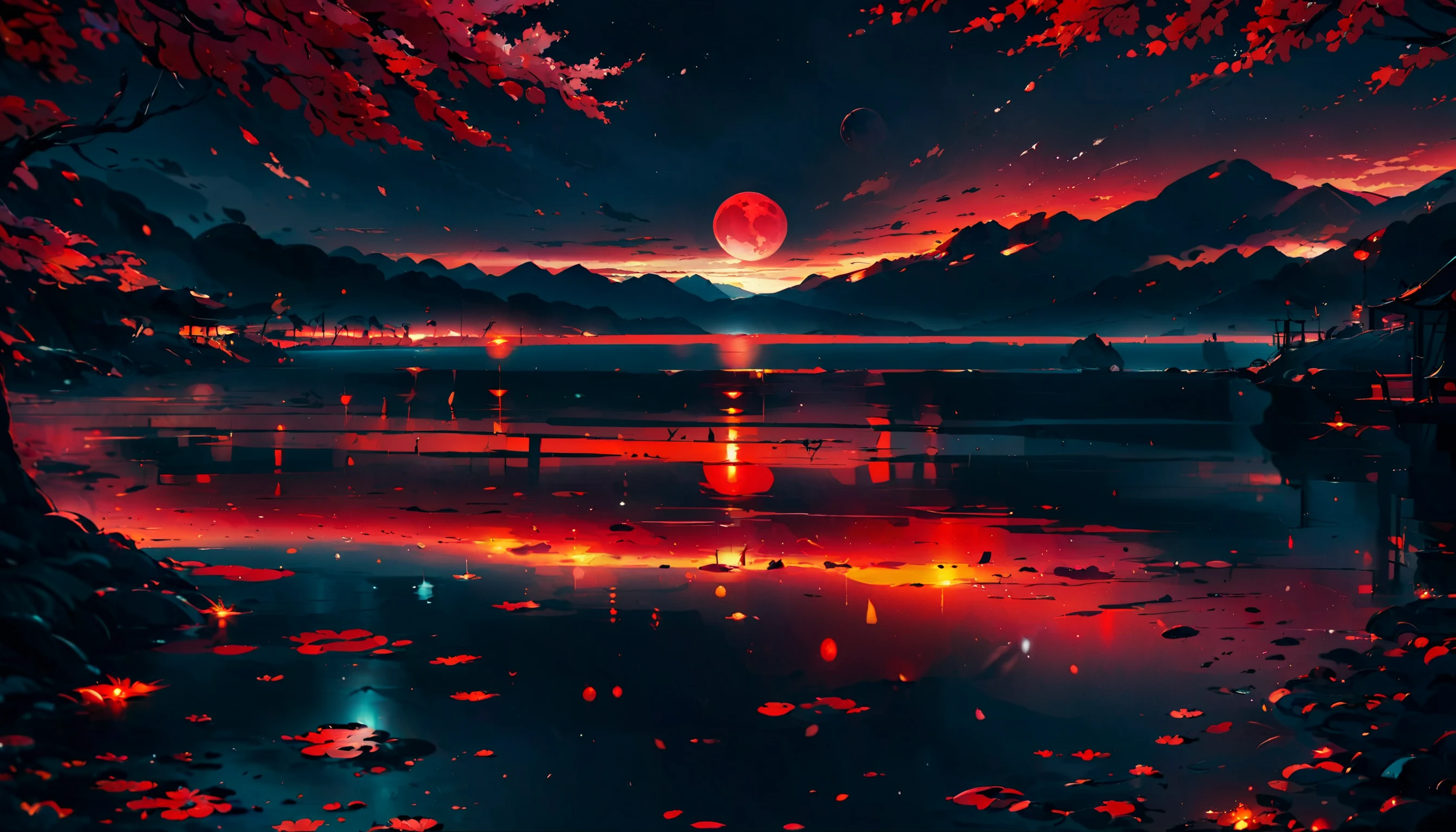 Red sky，Black progressive moon,, blood moon background, Anime art wallpaper 8 K, epic red - orange moonlight，courtyard，The ocean and the fields at night