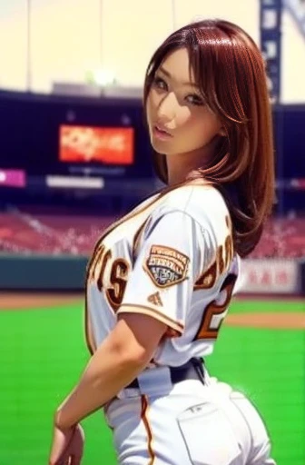 A very beautiful woman wearing a 、Standing in the batter box、 a very beautiful woman wearing a Yomiuri Giants uniform,Hit at Giants Stadium 、 The moment she hits a home run 