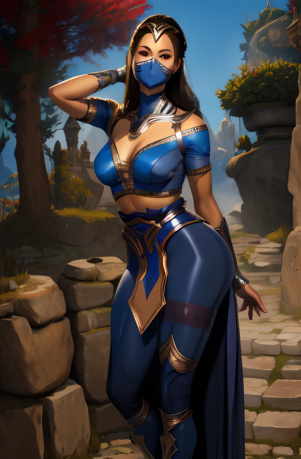 KitanaMK1, black hair, brown eyes,  jewelry, blue dress, cleavage,  mouth mask, 
looking at viewer, royal garden. morning,
 standing,full body,prefect body,large butt,smile toned, (insanely detailed, beautiful detailed face, masterpiece, best quality), turn back,butt show,cross arms