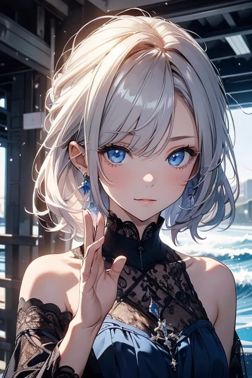 20 years old Japanese active girl ((very small breast , very slender)),smooth curly hair ((pale blonde, very short hair )),((asymmetrical much shaggy long forelock)),BREAK, shiny blue chemise dress , looks tidy and enjoyable smile ,BREAK, big droopy eyes (( shiny pale purple eye, shiny blue eye, heterochromia:1.4)), eyelashes, blush , BREAK, cheerful and eloquent atmosphere,((face focus:1.3)), looking back pose, best quality