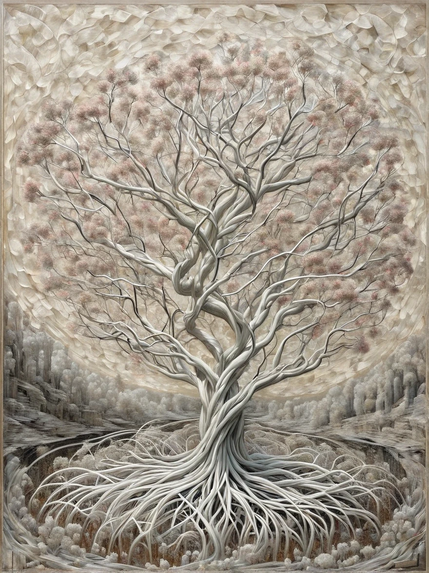 Modern art, avant-garde, surrealism, connecting the incongruous, blooming sakura tree weaves branches in a bizarre way and forms a distinct image (The Sakura Maiden:1.3050), a very beautiful painting combining various drawing techniques, ultra-thin lines and clear details create the illusion of a three-dimensional image, and the play of light and shadow creates a feeling of living space in the painting, lighting from different sides creates additional illusions, shadows create the illusion of a double image, the interweaving of thin lines creates an unimaginable depth and a feeling of infinite space made in oil and acrylic in combination with pastels and graphite, drawing on rough craft paper, a masterpiece, the work of a master, worthy of an award