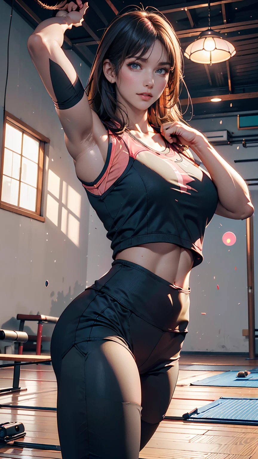 Create a woman with a severe but beautiful face, who is in a gym lifting small weights, wearing a short sports top with long sleeves and sports pants, she is exercising, with sweat on her face. Her eyes are luminous green, subtle freckles on her cheeks, and long wavy hair is orange. toned abdomen. background of a gym.
