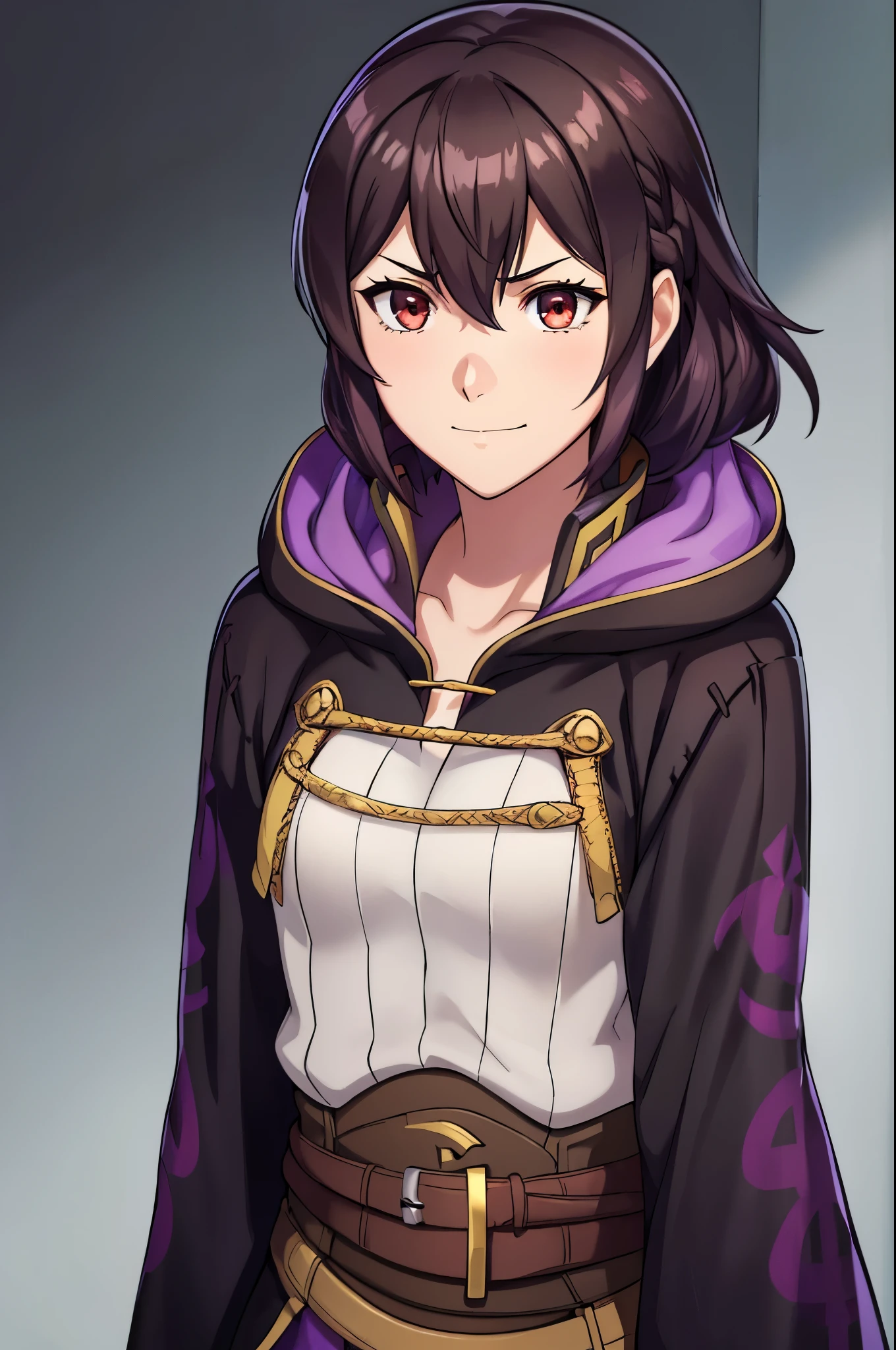 (high-quality, breathtaking),(expressive eyes, perfect face) 1girl, female, solo, portrait, Fire Emblem Awakening, Symmetrical Eyes, simple black background, Robin (Fire Emblem: Awakening), dark Brown hair color, short hair length, messy wavy hair, hair ornament, upper body, red eyes, Black and purple robe, gold trim, hood, white shirt, brown belt, tomb, evil expression, evil smile, detailed eyes, adorable face, short height, Cult of Grima, Fell Dragon Grima, Arms down, female robin (fire emblem), dark brown hair, braided bang, ribbon in hair, Grima Robin, 