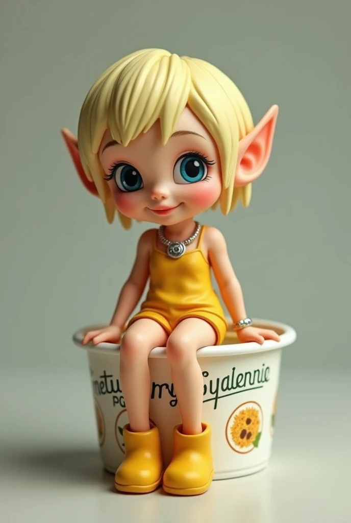 A cup noodle container with the product name printed on the side with the cover tightly closed, A small miniature elf figure sitting on the edge of the cover, PVC texture, blonde pixie cut, azure eyes, Pointy Ears, silver necklace, yellow camisole, yellow mini shorts, yellow short boots, smile, super realistic, Tilt lens photography