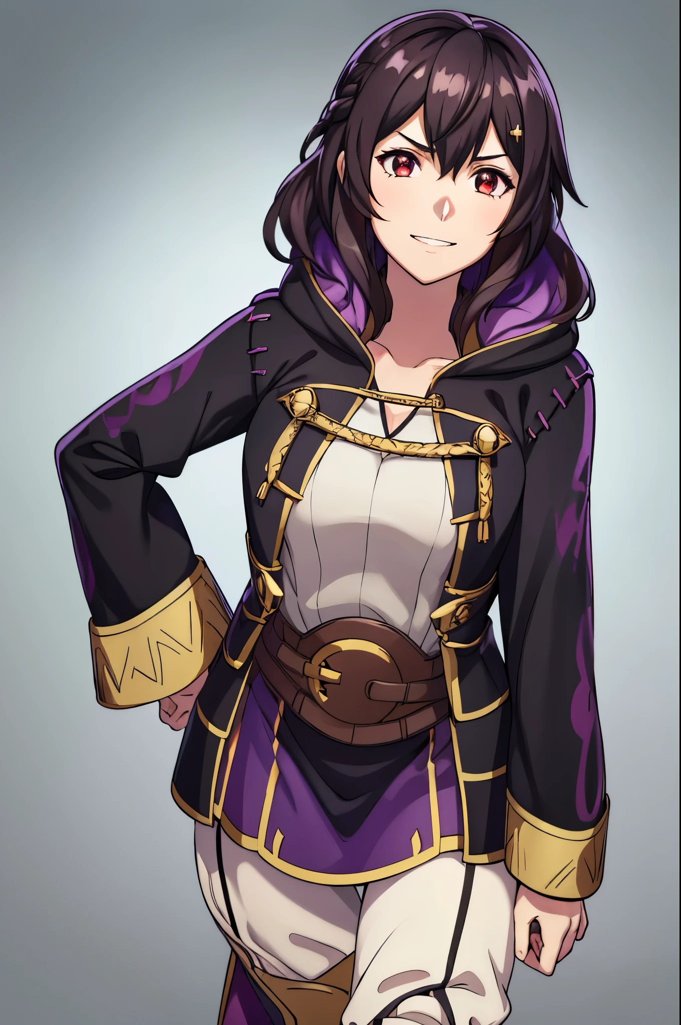 (high-quality, breathtaking),(expressive eyes, perfect face) 1girl, female, solo, portrait, Fire Emblem Awakening, Symmetrical Eyes, simple black background, Robin (Fire Emblem: Awakening), dark Brown hair color, short hair length, messy wavy hair, hair ornament, red eyes, Black and purple robe, gold trim, hood, white shirt, evil expression, evil smile, detailed eyes, adorable face, short height, Cult of Grima, Fell Dragon Grima, Arms down, female robin (fire emblem), dark brown hair, braided bang, ribbon in hair, Grima Robin,
