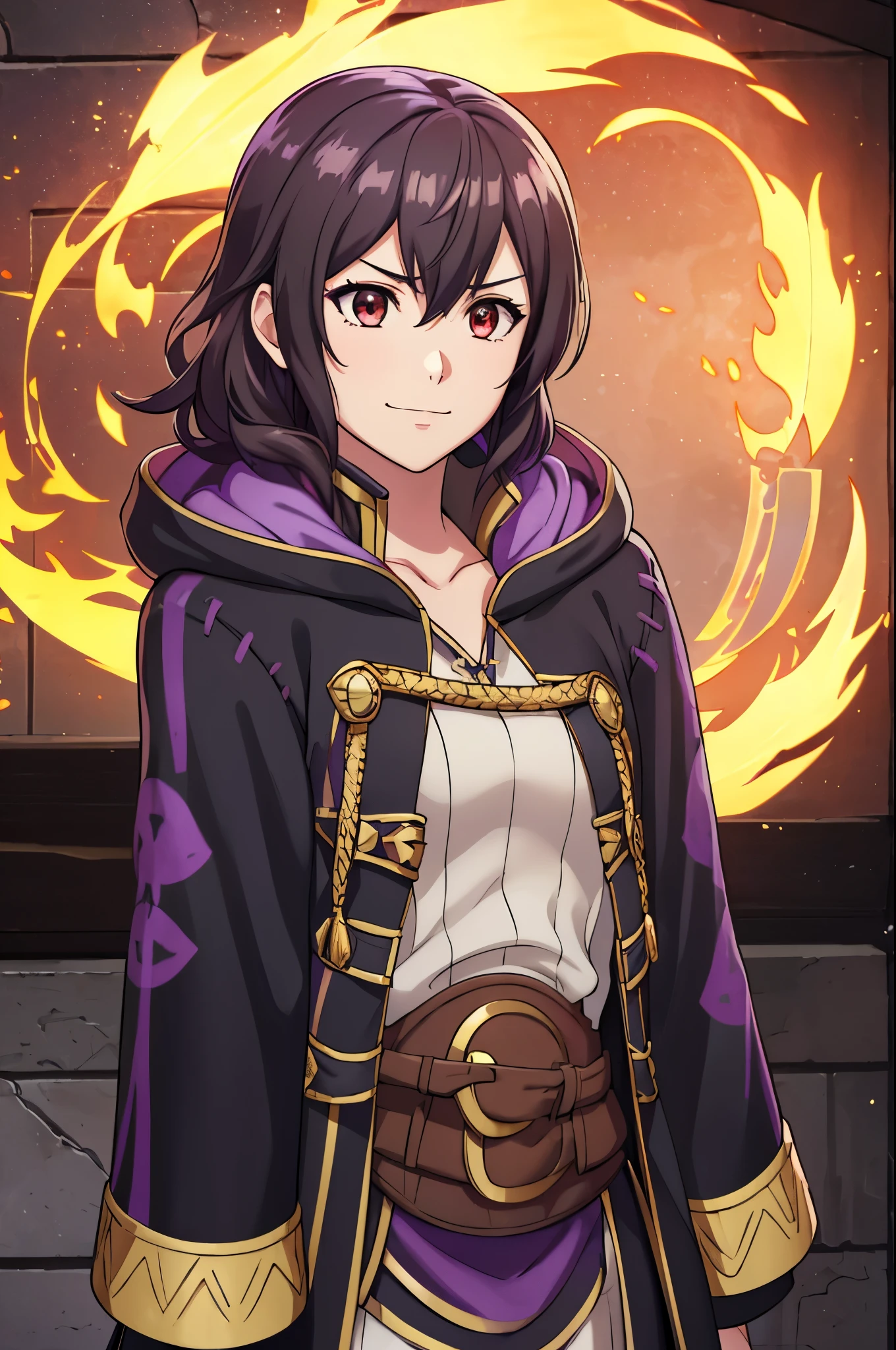 (high-quality, breathtaking),(expressive eyes, perfect face) 1girl, female, solo, portrait, Fire Emblem Awakening, Symmetrical Eyes, ominous darkness background, Robin (Fire Emblem: Awakening), dark Brown hair color, short hair length, messy wavy hair, hair ornament, upper body, red eyes, Black and purple robe, gold trim, hood, white shirt, brown belt, tomb, evil expression, evil smile, detailed eyes, adorable face, short height, Cult of Grima, Fell Dragon Grima, Arms down, female robin (fire emblem), dark brown hair, braided bang, ribbon in hair, purple flames, Grima Robin
