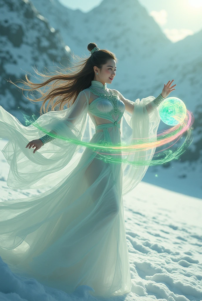 A beautiful woman with long flowing hair wielding an rainbow flaming ball, dancing in a snowy landscape, wearing a flowing transparent white cheongsam dress, adorned with emerald jewels, her confident smiling face surrounded by swirling clouds against a mountainous backdrop, (best quality,4k,8k,highres,masterpiece:1.2),ultra-detailed,(realistic,photorealistic,photo-realistic:1.37),extremely detailed eyes and face,longeyelashes,intricate ice sword,dramatic lighting,moody atmospheric,fantasy,cinematic,digital painting