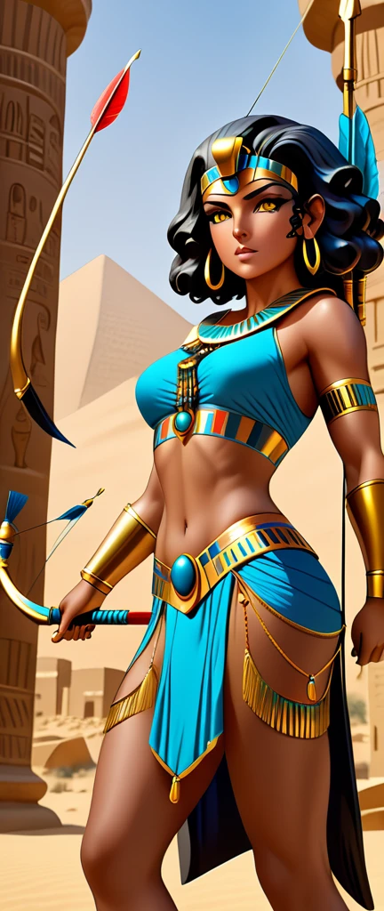 A strong and fierce character, similar to a statue carved from desert rocks . . Her golden eyes glow like precious stones, and her short and curly black hair flies with the wind. . Her costume is made of animal skin attached to her strong body. She is decorated with intricate Pharaonic inscriptions .  carrying a bow, arrow and dagger, making her look like a legendary warrior who is always ready for confrontation .