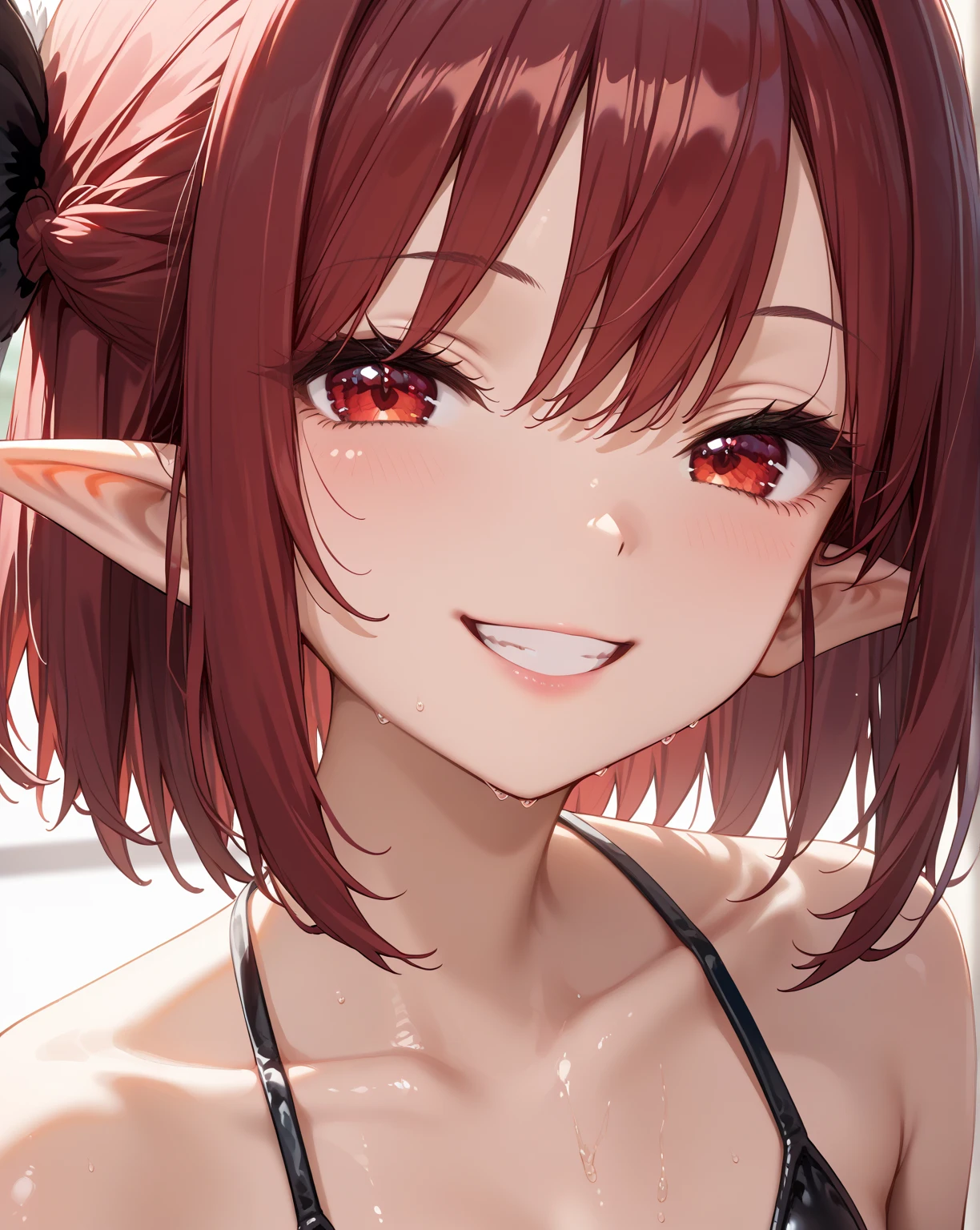 full-length, (((1girl, solo))), elf, elf ears, (cute face), (focusing on face), (Ideal body proportions), ((Composition from head to thigh)), black bikini suit, Drenched shortcut blond hair, (scarlet clear red eyes, tsurime), The erection, Carmelto, Sexy body, grin smile, short-hair, blond hair with burgundy tips of hair, burgundy ends of hair, shiny skin, oiled skin, slenderness, Small buttocks, Beautiful legs, Skinny Legs, One-person viewpoint, masterpiece, ((Anatomically correct)), (portrait:1.4), (((close-up))), (focusing on eyes)