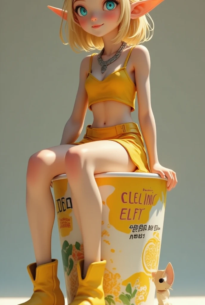 A cup noodle container with the product name printed on the side with the cover tightly closed, A small miniature elf figure sitting on the edge of the cover, PVC texture, blonde pixie cut, azure eyes, Pointy Ears, silver necklace, yellow camisole, yellow mini shorts, yellow short boots, smile, super realistic, Tilt lens photography