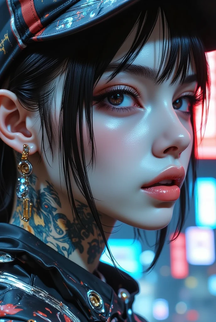 a close up in front of the camera with the raised face of a woman with a tattoo on her neck, cyberpunk art inspired by Yanjun Cheng ,  trend in CGSociety , arte digital,  work of art in the style of Guweiz, of a Taiwanese girl with tattoos,  neck tattoos , Ilya Kuvshinov. 4k, cyberpunk aesthetic, Ilya Kuvshinov landscape , Beautiful face of a cyberpunk girl, guweiz, chiaroscuro, UHD, Retina,  masterpiece , Accurate, anatomically correct, textured skin, Super detail, high details,  high quality ,  award winning , best quality, highres, 1080P, HD, 16K