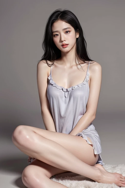  best quality, masterpiece,   ultra high resolution , (Realistic:1.4),  RAW photo, Age 19,  simple grey background, (( upper body、sitting on floor、messy 、Half naked、Nightgown)),  the audience