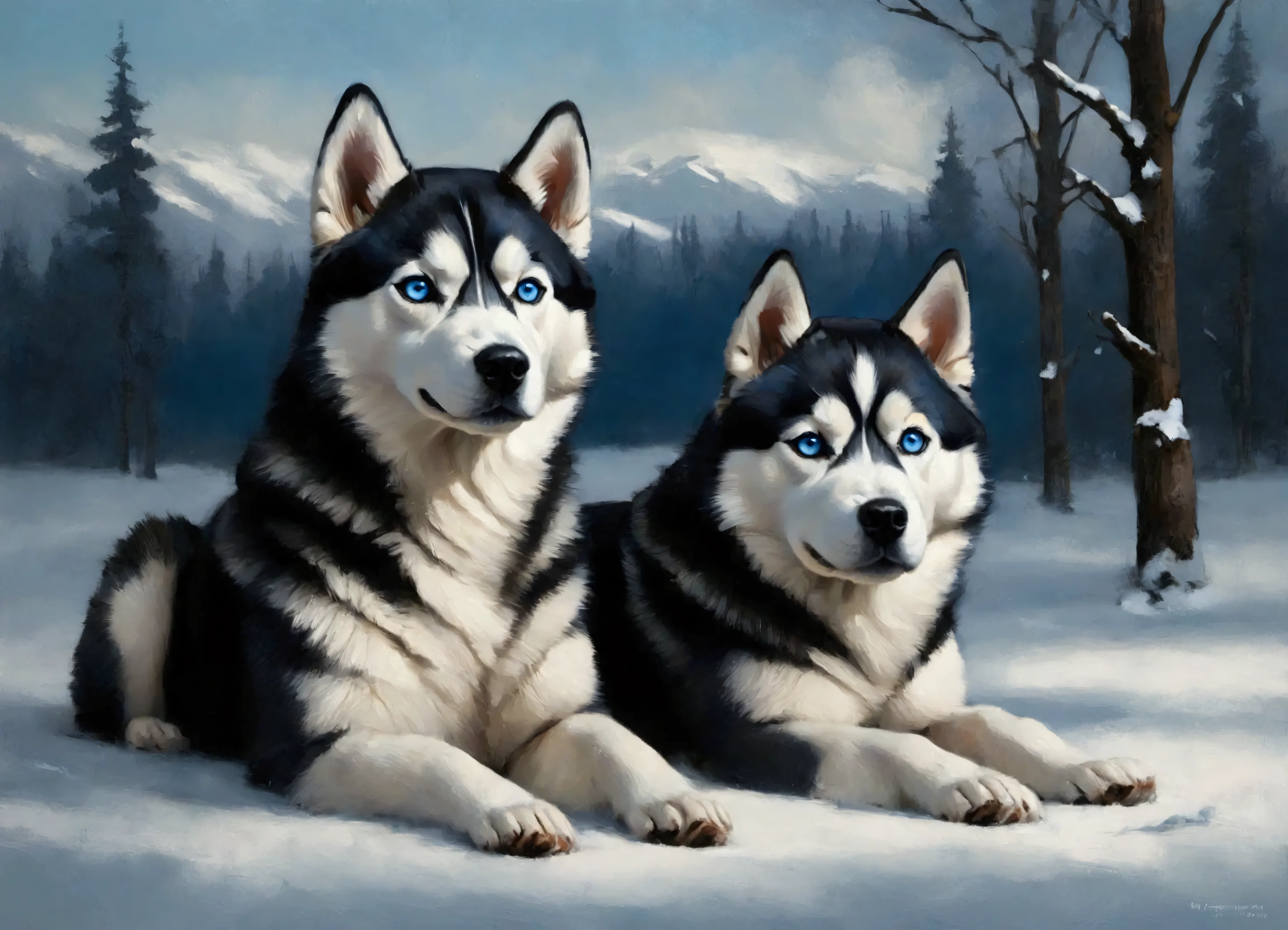 Paint a Siberian Husky with sharp, clean features and its iconic piercing blue eyes. Use rich, textured oil strokes to create a snowy, wintery scene in icy blues and whites, with subtle shadowing to capture the cold atmosphere