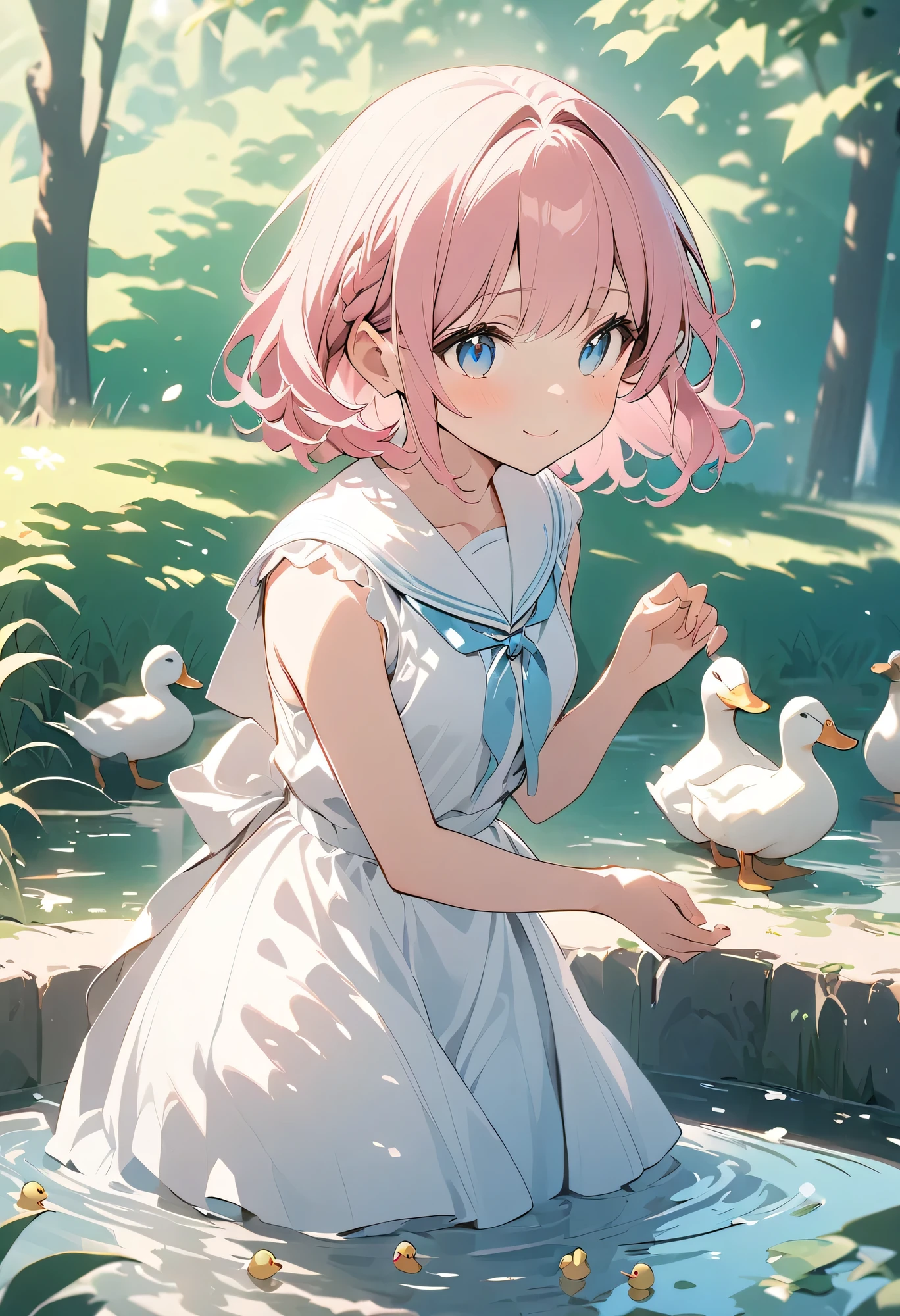 best quality、 high definition 、(High image quality:1.2)、masterpiece、 detailed background、 beautiful face down to the smallest detail、( detailed face :1.4)、 detailed eyes 、 anatomically correct 、(Normal number of fingers:1.4)、age beauty、 brightly colored hair color 、 braided bob cut、 ponytail、
Spring Afternoon、Park pond、 innocent smile 、 White Sailor Dress 、 sleeveless、 Fun Atmosphere 、
( Two Girls Having Fun Playing with Ducks in a Shallow Pond in the Park:1.5)、
Ducks from the Pond Curious to the Girl 々Approaching 、 Girl Waves Her Hand 、cute