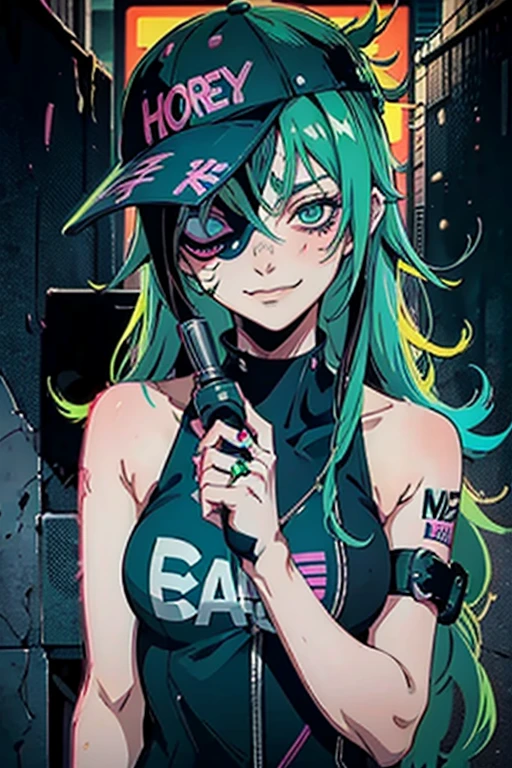 anime slim girl with a cap and a mask, thin face, holding a spray can, green messy hair, street background in neon pink and blue colors, stickers, smirk face, harley vibe, bad girl