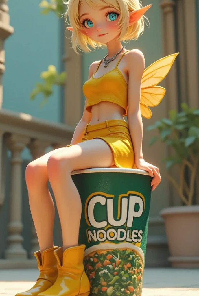 A cup noodle container with the product name printed on the side with the cover tightly closed, A small miniature elf figure sitting on the edge of the cover, PVC texture, blonde pixie cut, azure eyes, Pointy Ears, silver necklace, yellow camisole, yellow mini shorts, yellow short boots, smile, super realistic, Tilt lens photography