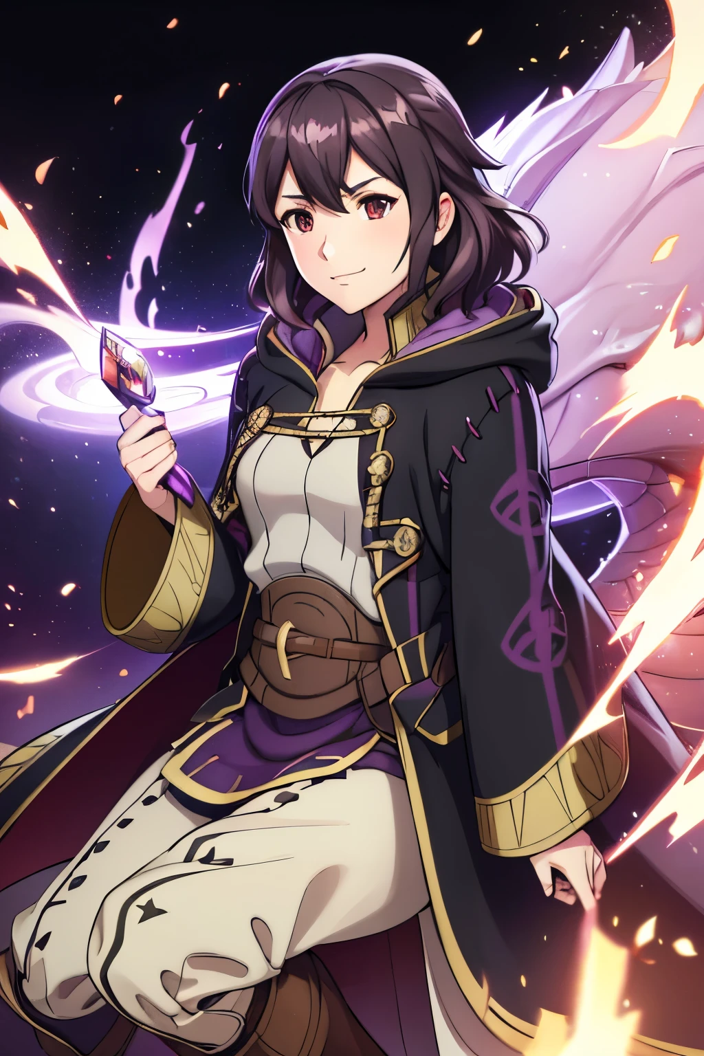 (high-quality, breathtaking),(expressive eyes, perfect face) 1girl, female, solo, portrait, Fire Emblem Awakening, Symmetrical Eyes, simple black background, Robin (Fire Emblem: Awakening), dark Brown hair color, short hair length, messy wavy hair, hair ornament, red eyes, Black and purple robe, gold trim, hood, white shirt, evil expression, evil smile, detailed eyes, adorable face, short height, Cult of Grima, Fell Dragon Grima, Arms down, female robin (fire emblem), dark brown hair, braided bang, ribbon in hair, Grima Robin,
