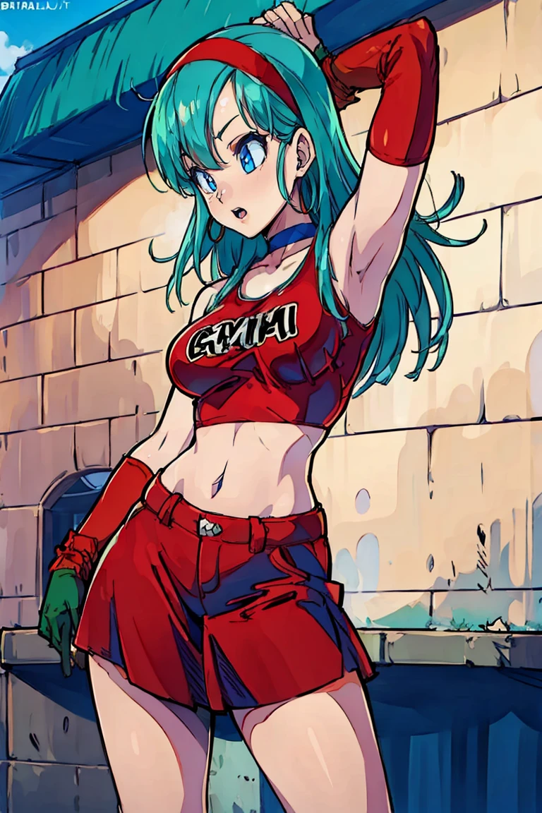 masterpiece, best quality, highest quality, photorealistic, perfect anatomy, perfect face, perfect eyes, aqua hair, brabulladbgt, red hairband, red gloves, red crop top, blue eyes, skirt, hoop earrings, choker, 1girl, standing against the wall of a street house, sexy pose