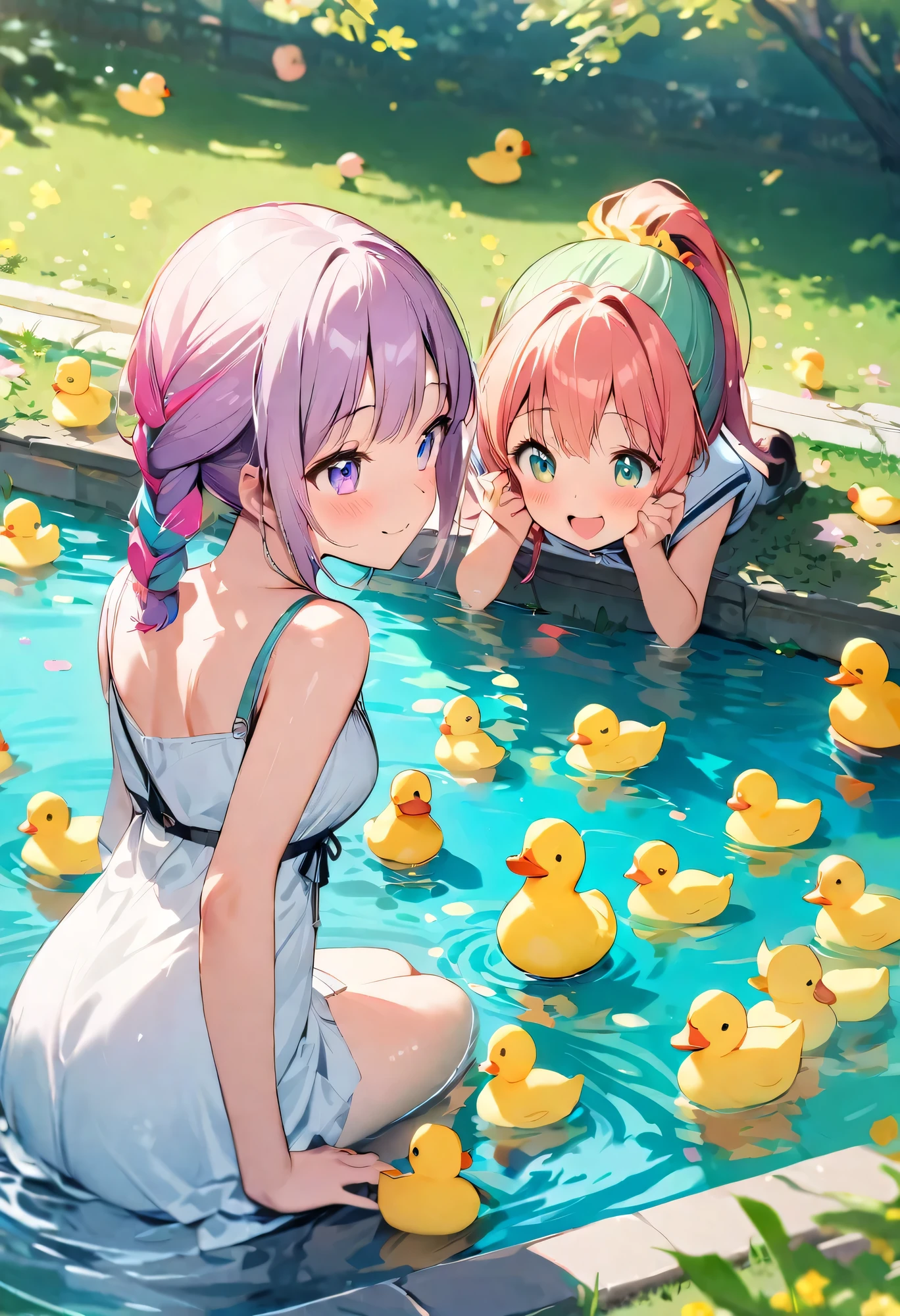 (masutepiece:1.2),(Best Quality:1.1),(Ultra-detailed:1.1),(Realistic:1.2),(Colorful:1.2),(Young girls:1.3),(Japanese:1.1),(Clothing samples:1.1),(Girls playing with goldfish scoop:1.3),(Colorful contact lenses:1.2),(FULL BODYSHOT:1.2),(Summer:1.1)