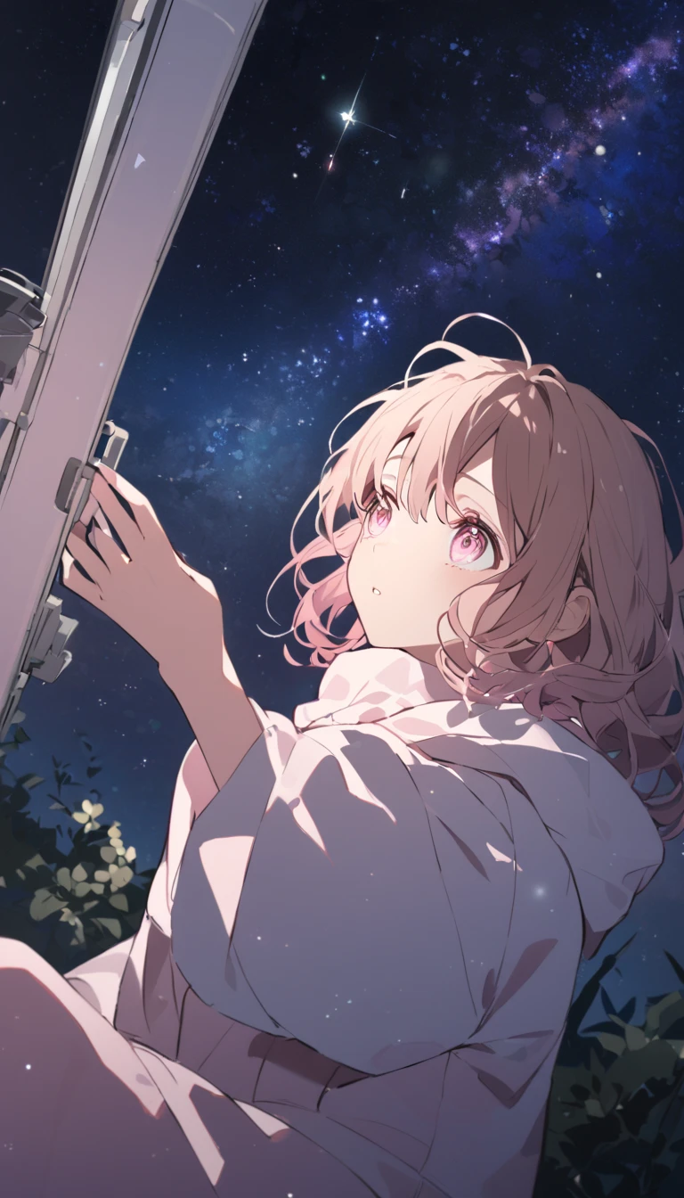 good looking, Alone, 1 female, Medium Hair, Light brown hair, Pink highlights on the tip,Pale pink eyes,Looking up at the stars in the park at night,Astronomical Observation,An emotional face