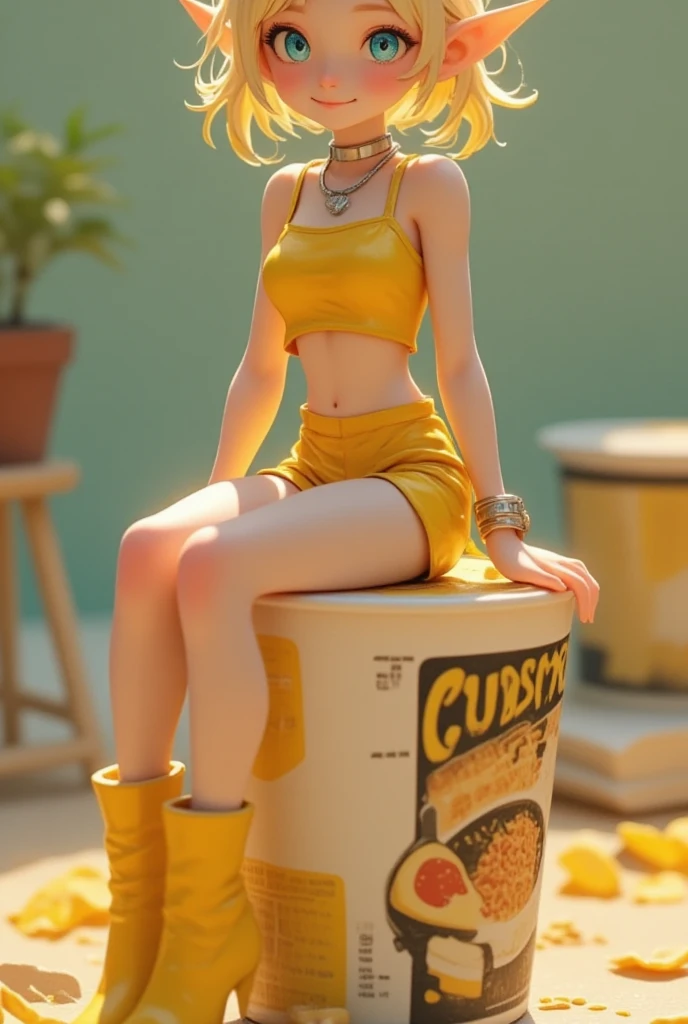 A cup noodle container with the product name printed on the side with the cover tightly closed, A small miniature elf figure sitting on the edge of the cover, PVC texture, blonde pixie cut, azure eyes, Pointy Ears, silver necklace, yellow camisole, yellow mini shorts, yellow short boots, smile, super realistic, Tilt lens photography