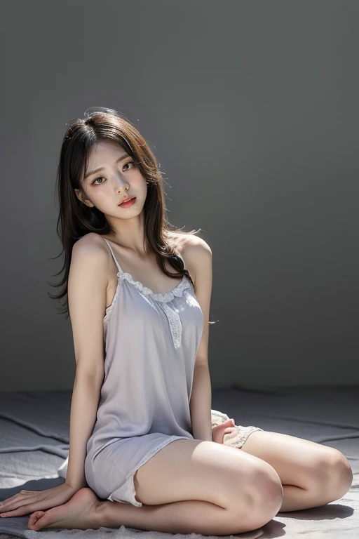  best quality, masterpiece,   ultra high resolution , (Realistic:1.4),  RAW photo, Age 19,  simple grey background, (( upper body、sitting on floor、messy 、Half naked、Nightgown)),  the audience