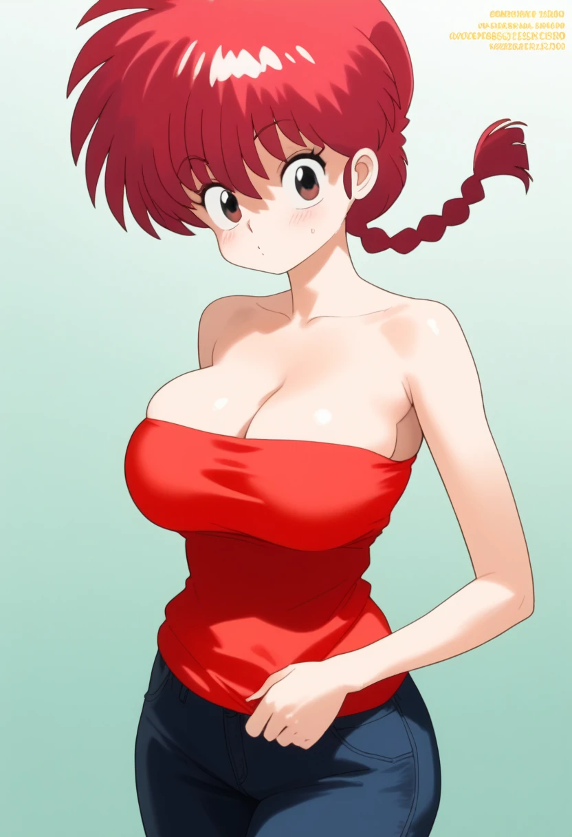  Ranma saotome , red hair, braided hair, Big boobs, NSFW, red tank top, strapless, cleavage, Pecho enorme, redondo,  inflated and overfilled , large implants, abdomen sexy, relaxed, tank top strapless,  strapless shirt , standing, very tight breasts in clothes, beautiful face, pose sexy,  Beautiful woman,