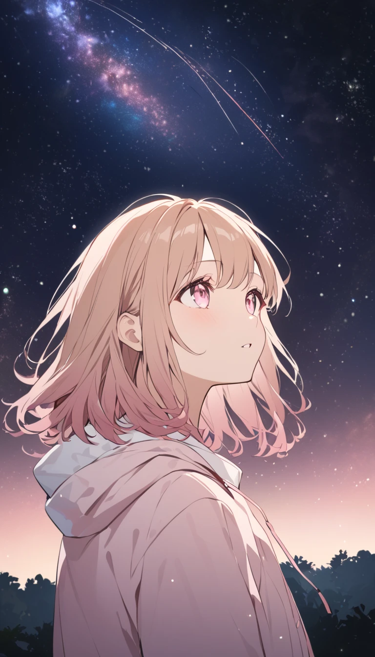 good looking, Alone, 1 female, Medium Hair, Light brown hair, Pink highlights on the tip,Pale pink eyes,Looking up at the stars in the park at night,Astronomical Observation,An emotional face