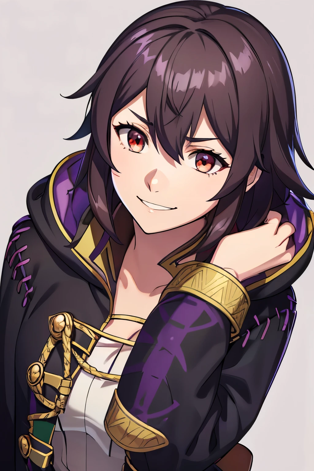 (high-quality, breathtaking),(expressive eyes, perfect face) 1girl, female, solo, portrait, Fire Emblem Awakening, Symmetrical Eyes, simple black background, Robin (Fire Emblem: Awakening), dark Brown hair color, short hair length, messy wavy hair, hair ornament, red eyes, Black and purple robe, gold trim, hood, white shirt, evil expression, evil smile, detailed eyes, adorable face, short height, Cult of Grima, Fell Dragon Grima, Arms down, female robin (fire emblem), dark brown hair, braided bang, ribbon in hair, Grima Robin,
