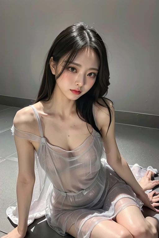  best quality, masterpiece,   ultra high resolution , (Realistic:1.4),  RAW photo, Age 19,  simple grey background, (( upper body、sitting on floor、messy 、Half naked、sheer sheer nightgown)),  the audience