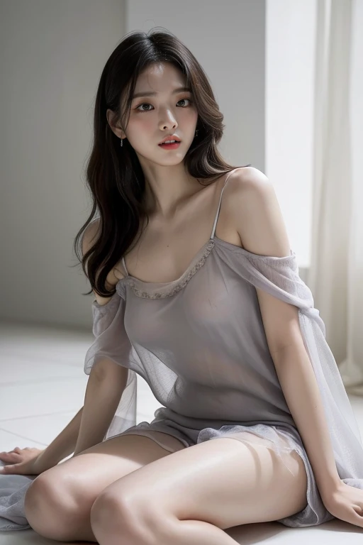  best quality, masterpiece,   ultra high resolution , (Realistic:1.4),  RAW photo, Age 19,  simple grey background, (( upper body、sitting on floor、messy 、Half naked、sheer sheer nightgown)),  the audience