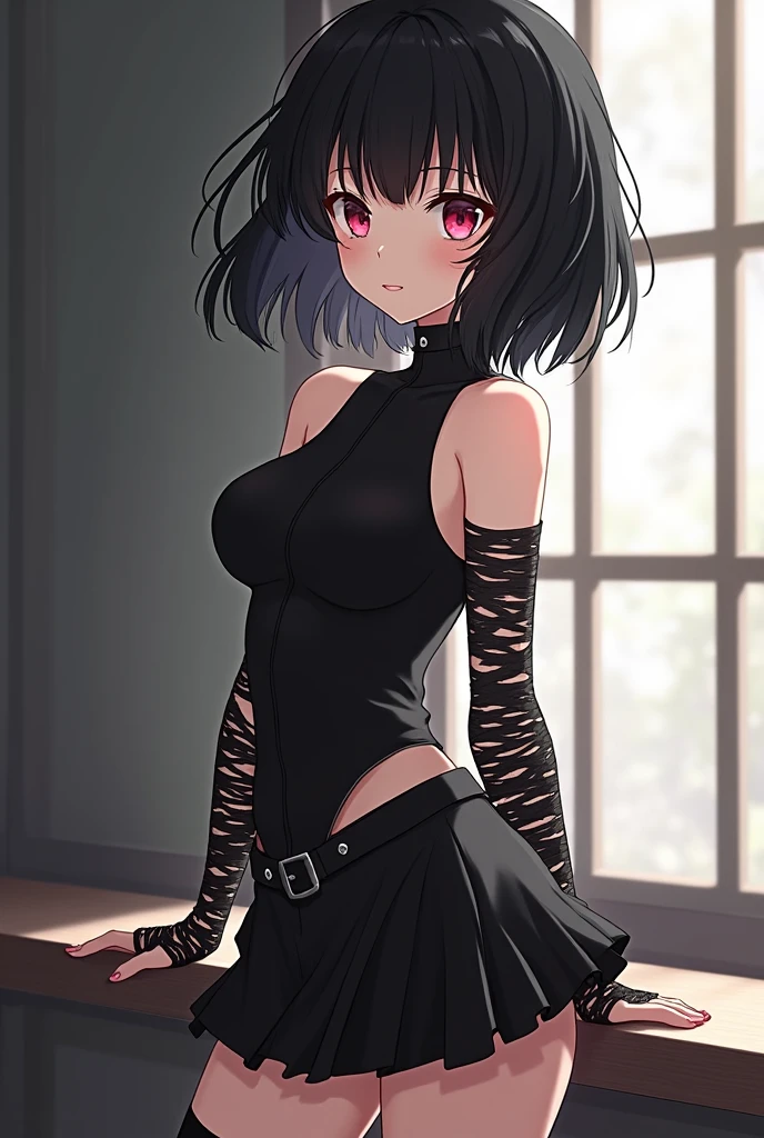 (masterpiece), super quality, expressive eyes,asian mild adult, black pixie cut hair,black skirt, black tank top , Fishnet stockings,big ass,standing looking at viewer , viewing from front