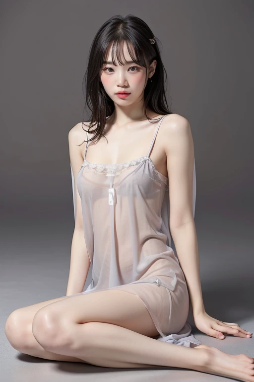  best quality, masterpiece,   ultra high resolution , (Realistic:1.4),  RAW photo, Age 19,  simple grey background, (( upper body、sitting on floor、messy 、Half naked、sheer sheer nightgown)),  the audience