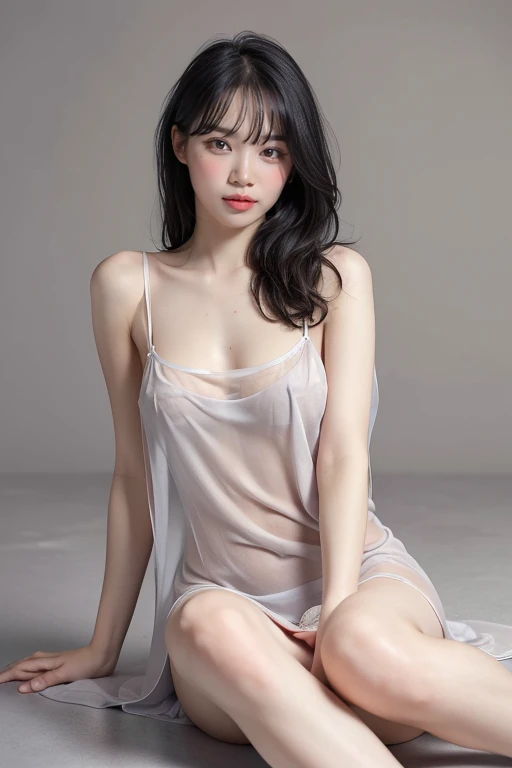  best quality, masterpiece,   ultra high resolution , (Realistic:1.4),  RAW photo, Age 19,  simple grey background, (( upper body、sitting on floor、messy 、Half naked、sheer sheer nightgown)),  the audience