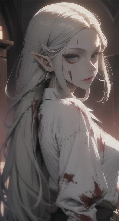 Sweating, princess Zelda, silver hair, green eyes, blood everywhere, princess Zelda covered in blood, mansion, looking at viewer blankly, blood on her face, side view, white shirt, blood dripping, blood, blood,