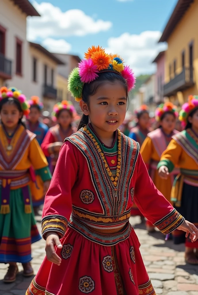 A 13 year old girl, dressed as a cacharpaya, with a pink skirt and black blouse with black shoes