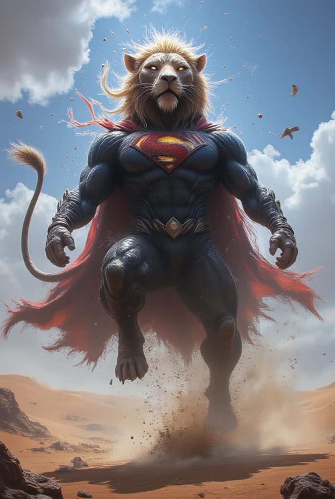 A massive hybrid creature with a bodybuilder's muscular physique, inspired by Superman's strength. Its body is adorned with the iconic blue costume and a glowing 'S' emblem on its chest. The lion retains its majestic head, with a thick mane dramatically flowing. It hovers mid-air in an upright position, appearing as though standing powerfully without touching the ground. A vibrant red cape flows dramatically behind it, billowing in the wind, symbolizing its heroic essence. Small debris floats around it, and desert sand gently drifts in the air, enhancing the dramatic effect. The background features a vast desert with rolling sand dunes, a clear blue sky, and a few thin clouds parting in the distance, creating an epic and striking scene.