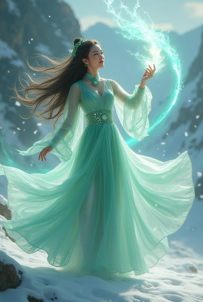 A beautiful woman with long flowing hair wielding an rainbow flaming ball, dancing in a snowy landscape, wearing a flowing transparent cheongsam dress, adorned with emerald jewels, her confident smiling face surrounded by swirling clouds against a mountainous backdrop, (best quality,4k,8k,highres,masterpiece:1.2),ultra-detailed,(realistic,photorealistic,photo-realistic:1.37),extremely detailed eyes and face,longeyelashes,intricate ice sword,dramatic lighting,moody atmospheric,fantasy,cinematic,digital painting