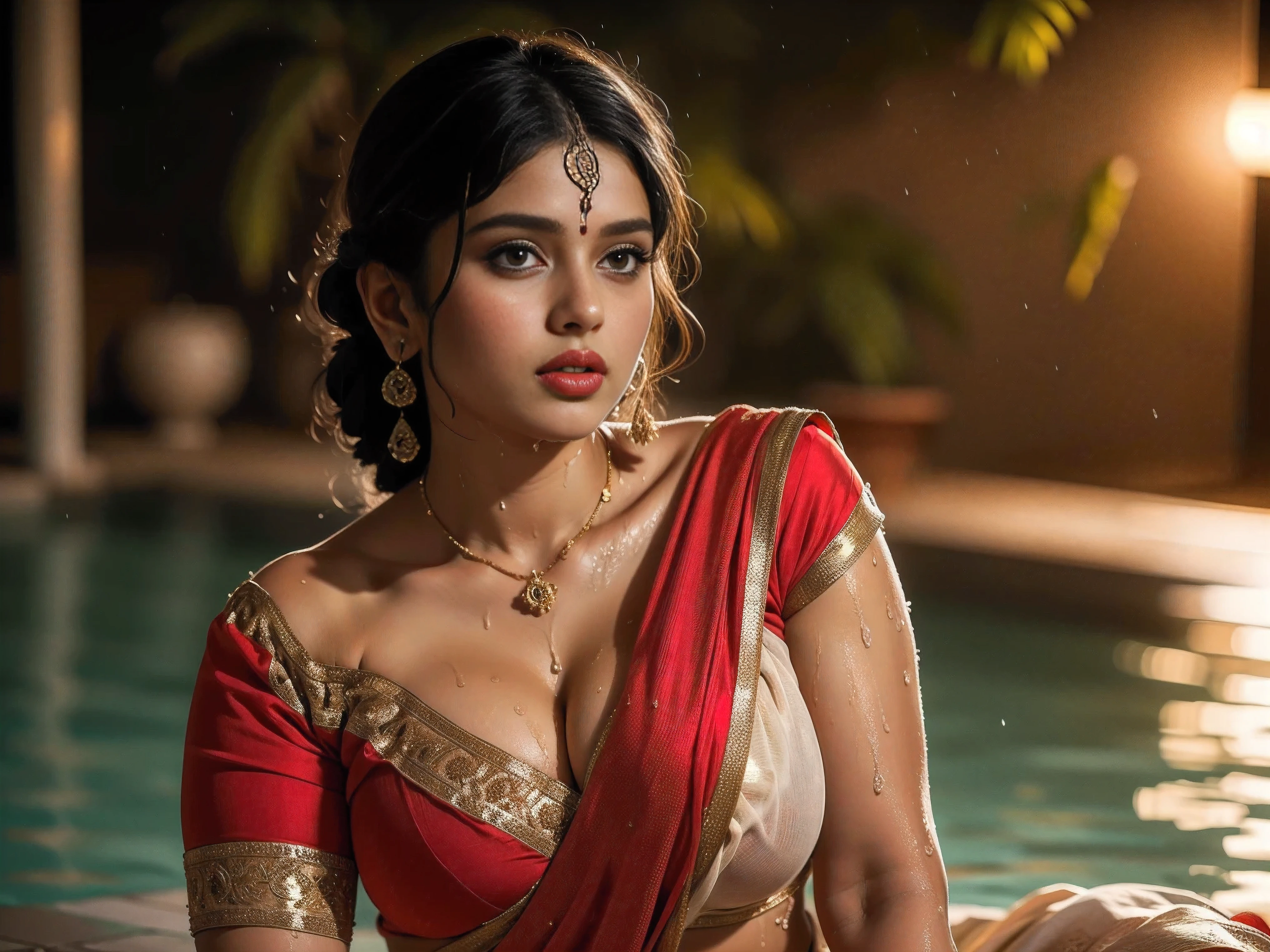  Beautiful cute wet tamanna bhatia, with thick thighs and a curvy waist,  wearing a red beautiful Indian dress, ((lowwaist)), ((wet silky hair)), ((wet hair)), ((loose wet hair)), (( beautiful Indian dress)) , bindi on forehead, highly detailed, depth of field, cinematic lighting, intricate, ((26yo, gorgeous face, model, makeup)), gorgeous Indian woman in outdoor wearing  blouse, milf, dusky skin, makeup, curvy, tall, hourglass figure, seductive , ((looking at viewer)), jewelry, black hair, ((MILF)), ((big :1.1)), ((wide hips:1.2)), full figured, seductive, photorealism, hyper realistic,((wearing bottom half  saree)), full face Blush, (seductive face)) , ((nipple visible)) , ((nudity)), raining