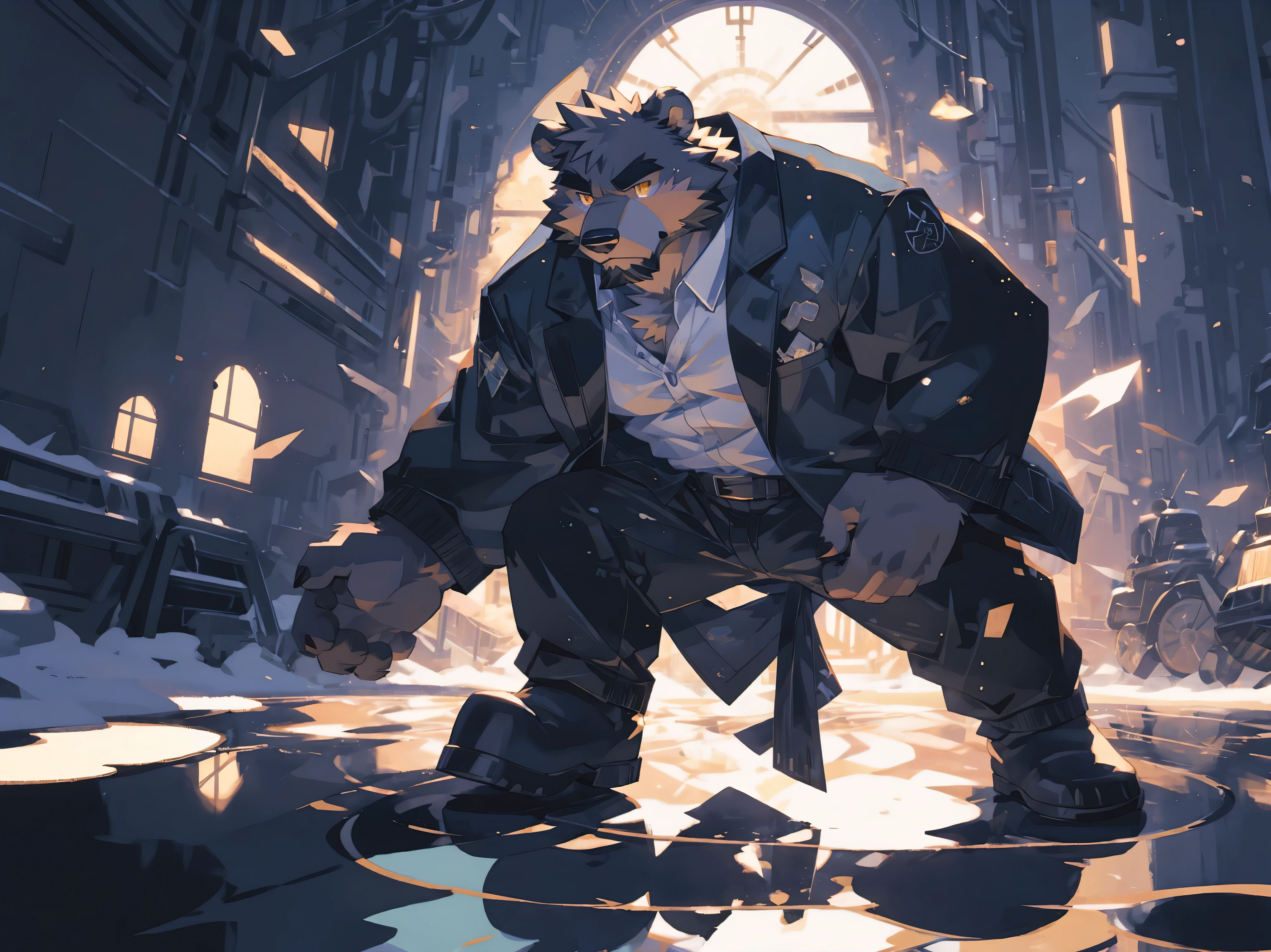 By Taran Fiddler, one man, anthro canine (Bearded Grizzly bear), adult male, elderly, slightly wrinkled face, black eyebrows, stern facial expression, grumpy, bushy mustache, mustache covering mouth, slightly short height, dilf, hand on butt, wearing a poopy diaper, From Behind, 