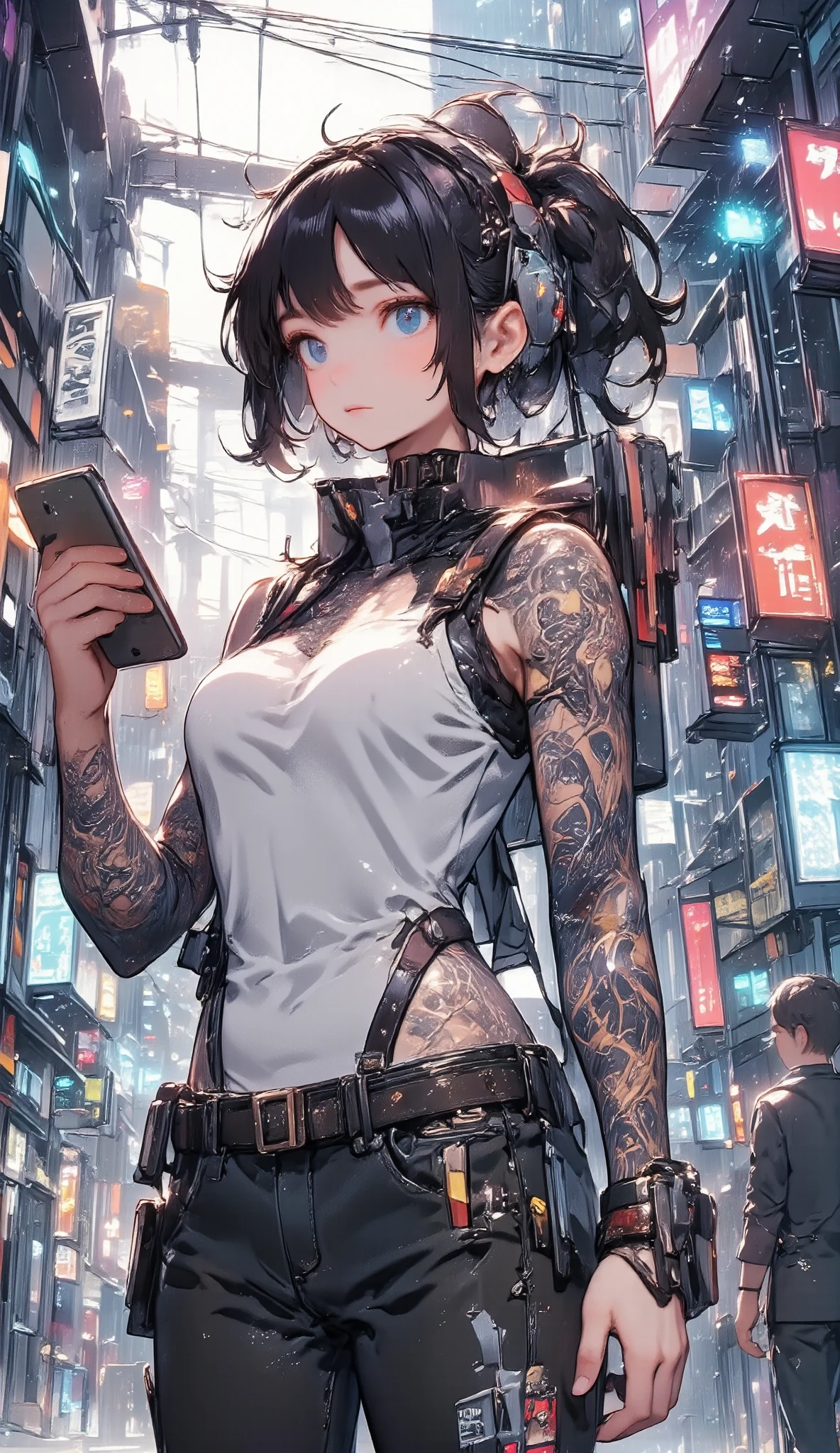  in profile, full body general shot,  Anatomically correct , There is a woman with tattoos on her arms and a cell phone, Cyberpunk art by Russell Dongjun Lu ,  trend in cg , arte digital,  work of art in the style of Guweiz, guweiz, Digital cyberpunk anime art, cyberpunk art style, chica anime cyberpunk, Cyberpunk streetwear,   a highly detailed character design ,  cyberpunk style, female chica anime cyberpunk, cyberpunk atmosphere