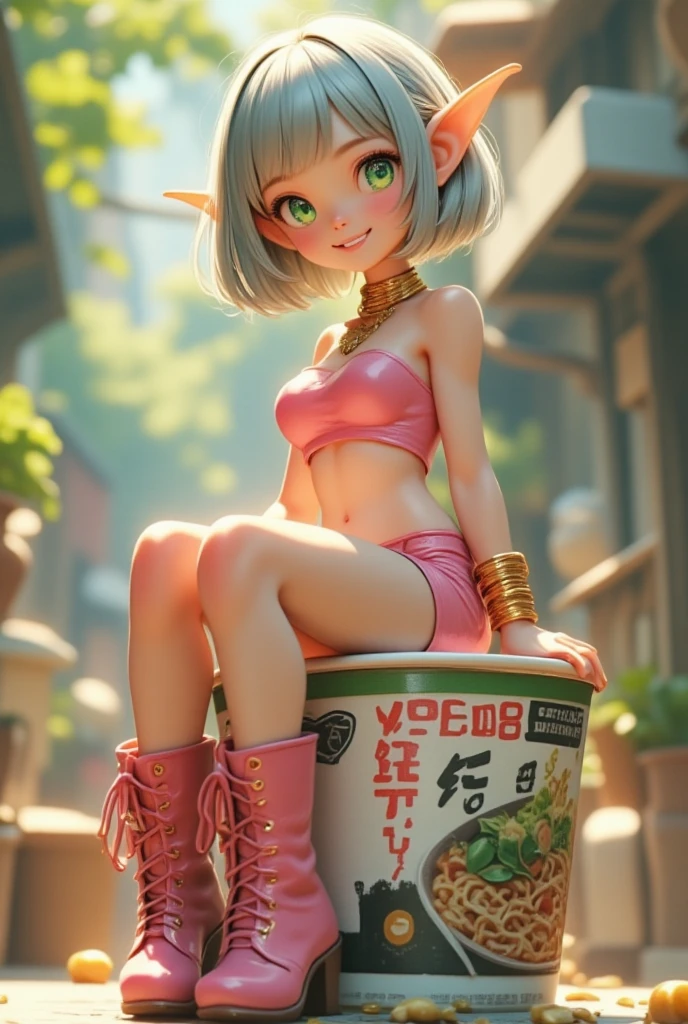 A cup noodle container with the product name printed on the side with the cover tightly closed, A small miniature elf figure sitting on the edge of the cover, full body, PVC texture, silver bob cut, green eyes, Pointy Ears, gold bangles, pink tube top, breasts, cleavage, pink mini shorts, pink short boots, smile, super realistic, Tilt lens photography