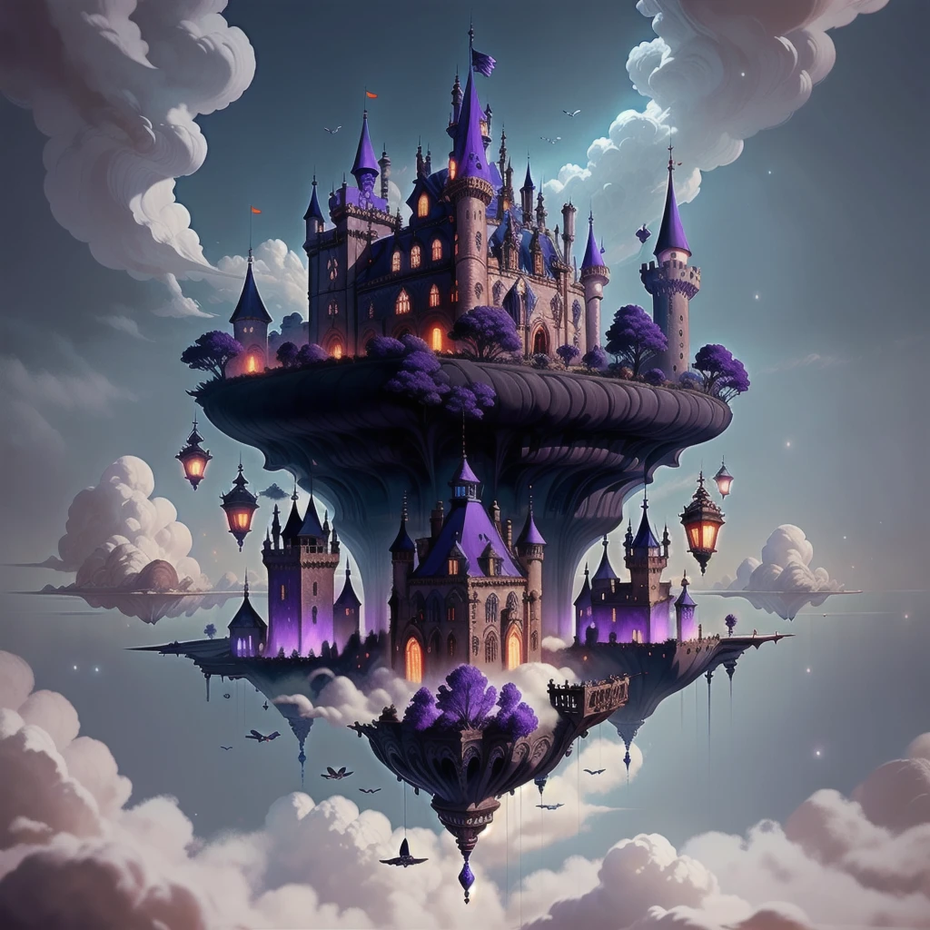 dark fantasy gothic castle in the sky surrounded by blue-purple clouds, fairy cgsociety, in a movie still cinematic, floating and flying island, inspired by Robert C. Barnfield, underworld, warcraft, castles floating in mid air, showing kingdoms, still from the avengers, in the air