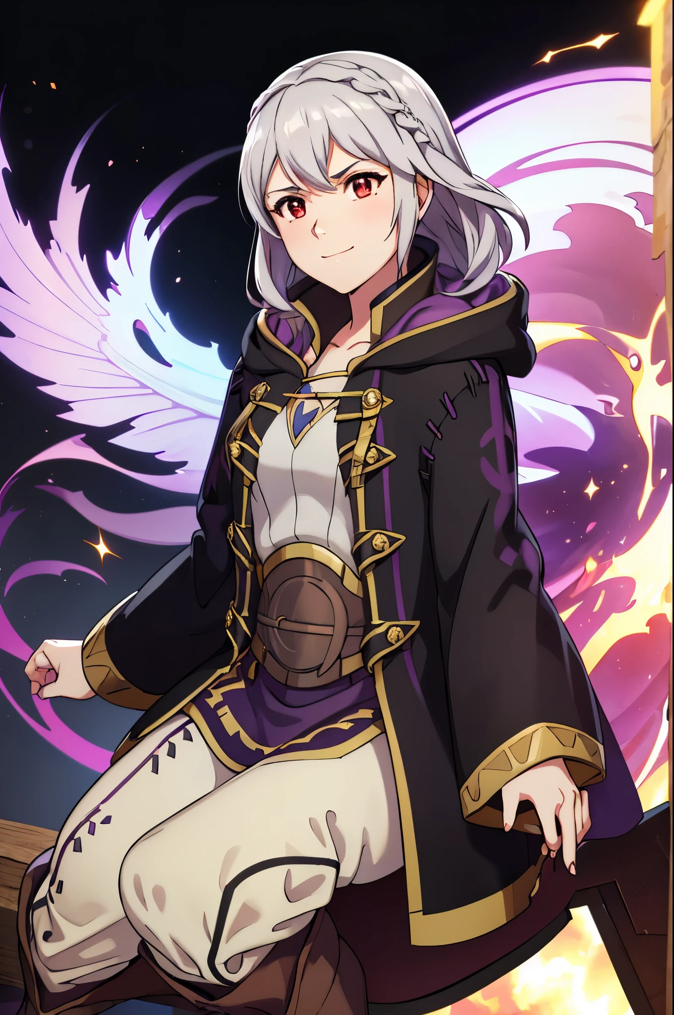 (high-quality, breathtaking),(expressive eyes, perfect face) 1girl, female, solo, portrait, Fire Emblem Awakening, Symmetrical Eyes, simple black background, Robin (Fire Emblem: Awakening), dark Brown hair color, short hair length, messy wavy hair, hair ornament, red eyes, Black and purple robe, gold trim, hood, white shirt, evil expression, evil smile, detailed eyes, adorable face, short height, Cult of Grima, Fell Dragon Grima, Arms down, female robin (fire emblem), dark brown hair, braided bang, ribbon in hair, Grima Robin,
