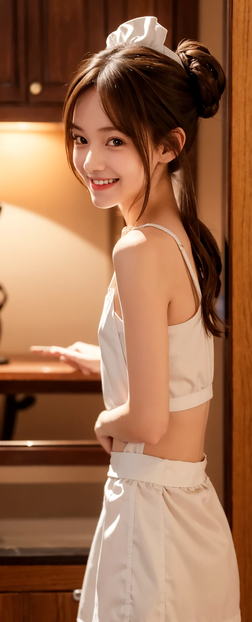 Maid,cute pretty girl,masterpiece,high definition,4k,8k,16k,chignon hair,brown hair,skinny,thin body,smile